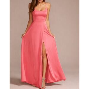 DB Studio Long Scoop Neck Spaghetti Strap Gown Satin Bridesmaid Dress Pink NWT